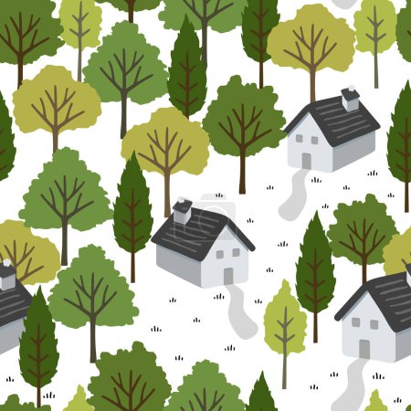 Téléchargez les illustrations : Maisons de campagne dans la forêt, illustration vectorielle de dessin animé - en licence libre de droit