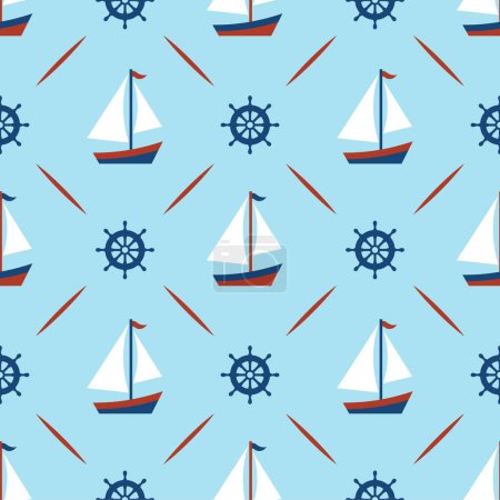Téléchargez les illustrations : Motifs nautiques sans couture, silhouette yacht sur vague, illustration vectorielle aventure voyage - en licence libre de droit