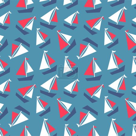 Téléchargez les illustrations : Motifs nautiques sans couture, silhouette yacht sur vague, illustration vectorielle aventure voyage - en licence libre de droit