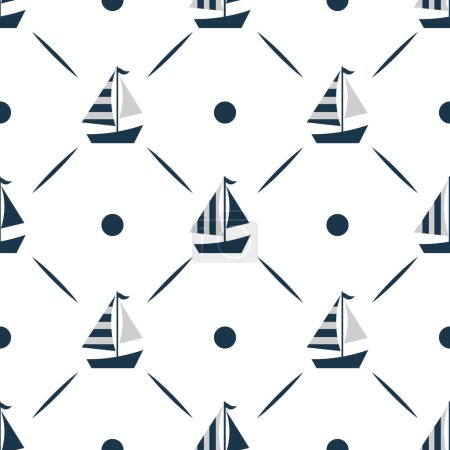 Illustration for Nautical seamless patterns, yacht silhouette on wave, travel adventure vector illustration - Royalty Free Image
