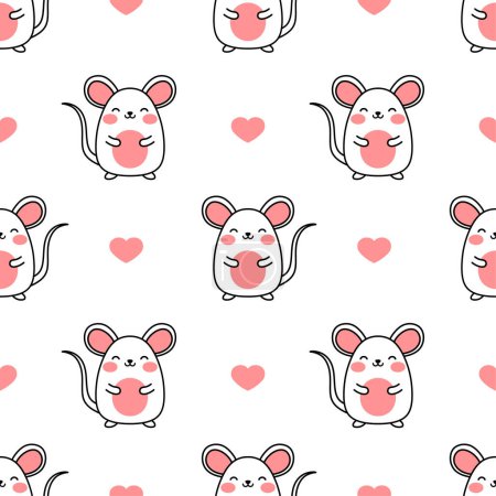 Téléchargez les illustrations : Modèle de souris, souris dessin animé mignon avec des coeurs fond de motif sans couture, illustration vectorielle - en licence libre de droit