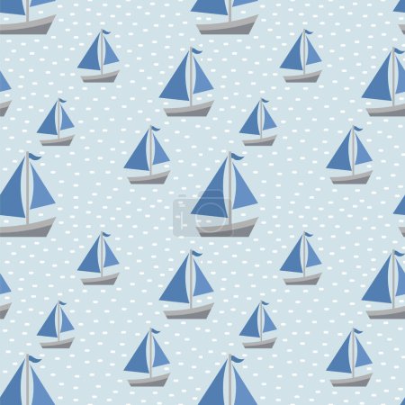 Illustration for Nautical seamless patterns, yacht silhouette on wave, travel adventure vector illustration - Royalty Free Image