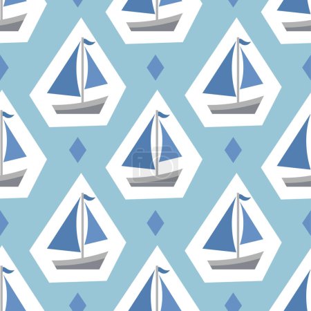 Nautical seamless patterns, yacht silhouette on wave, travel adventure vector illustration