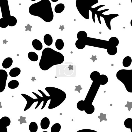 Illustration for Pet paw, fish bone and dog bone seamless pattern background, animal vector illustration - Royalty Free Image