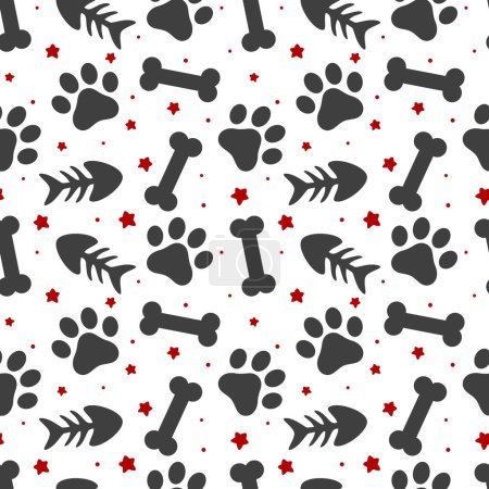 pet paw, fish bone and dog bone seamless pattern background, animal vector illustration