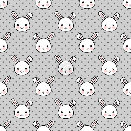 Illustration for Cute rabbit bunny with hearts seamless pattern background, simple hand drawn vector illustration - Royalty Free Image