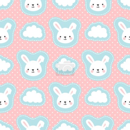Ilustración de Lindo conejo de conejo con puntos y nubes sin costuras patrón de fondo, ilustración vectorial dibujado a mano simple - Imagen libre de derechos