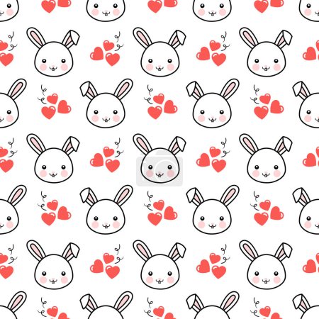 Illustration for Cute rabbit bunny with hearts seamless pattern background, simple hand drawn vector illustration - Royalty Free Image