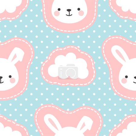Illustration for Cute rabbit bunny with dots and clouds seamless pattern background, simple hand drawn vector illustration - Royalty Free Image