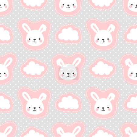 Illustration for Cute rabbit bunny with dots and clouds seamless pattern background, simple hand drawn vector illustration - Royalty Free Image