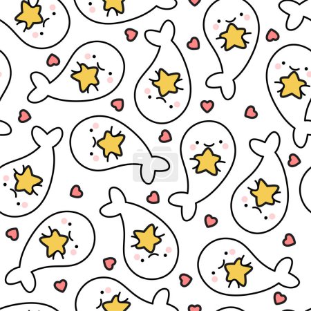 Ilustración de Lindo patrón sin costura sello con stas y corazones, fondo de los peces de dibujos animados - Imagen libre de derechos
