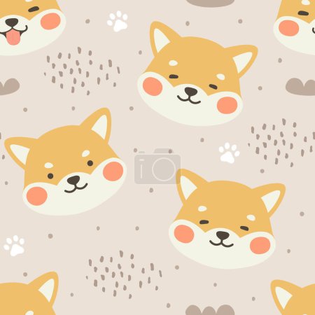 Illustration for Dog Seamless Pattern Background, Happy shiba inu with dog pa. Cartoon Shiba Dog Vector illustration, scandinavian wallpaper background - Royalty Free Image
