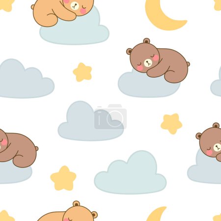 Ilustración de Lindo oso de peluche durmiendo en las nubes en el cielo, patrón sin costuras, vector de fondo - Imagen libre de derechos