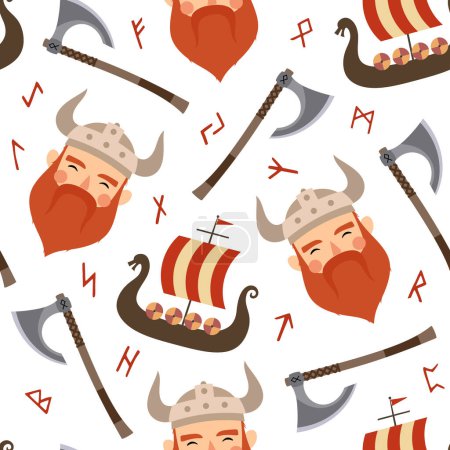 Téléchargez les illustrations : Modèle sans couture Vikings avec navire viking et hache de guerrier, arrière-plan vectoriel scandinave enfantin - en licence libre de droit