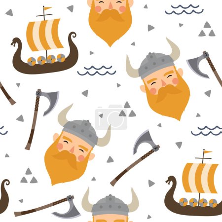 Téléchargez les illustrations : Modèle sans couture Vikings avec navire viking et hache de guerrier, arrière-plan vectoriel scandinave enfantin - en licence libre de droit