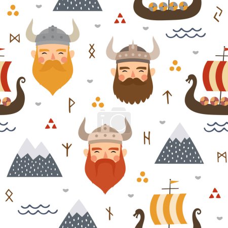Illustration for Vikings seamless pattern with viking ship, childish scandinavian vector background, kids apparel, fabric, textile, nursery vector illustration - Royalty Free Image