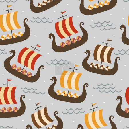 Illustration for Vikings seamless pattern with viking ships, childish scandinavian vector background - Royalty Free Image