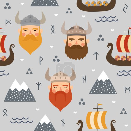 Illustration for Vikings seamless pattern with viking ship, childish scandinavian vector background, kids apparel, fabric, textile, nursery vector illustration - Royalty Free Image