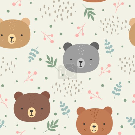 Ilustración de Lindo patrón de osos de peluche, fondo sin costuras, dibujos animados dibujados a mano con hojas, ilustración vectorial - Imagen libre de derechos