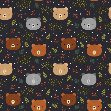 Illustration for Cute teddy bears pattern, seamless background, hand drawn cartoon with leaves, vector illustration - Royalty Free Image