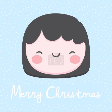 Téléchargez les illustrations : Joyeux Noël carte avec fille brune sur fond bleu pointillé - en licence libre de droit