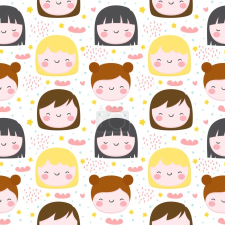 Illustration for Girls faces on white background with stars and dots, rain and clouds - Royalty Free Image