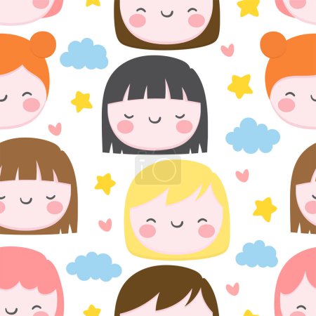 Téléchargez les illustrations : Motif avec des filles visages, nuages, étoiles et coeurs isolés sur fond blanc - en licence libre de droit