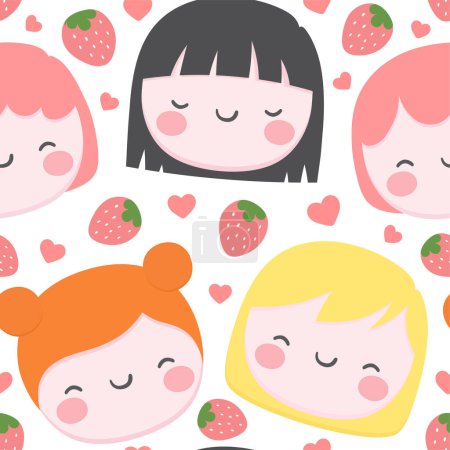 Téléchargez les illustrations : Ensemble de visages de filles avec des coeurs et des fraises isolés sur fond blanc - en licence libre de droit