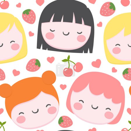 Téléchargez les illustrations : Ensemble de visages de filles avec des coeurs, des cerises et des fraises isolés sur fond blanc - en licence libre de droit