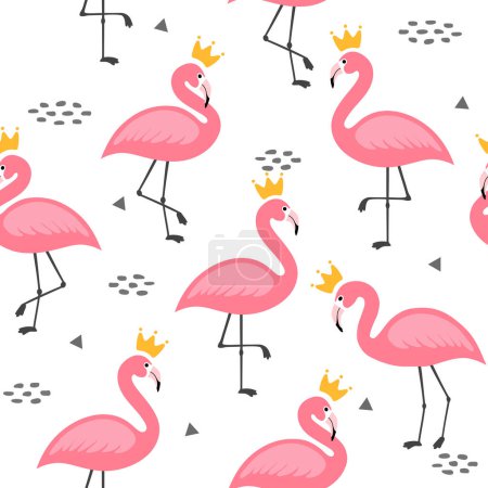 Foto de Patrón sin costuras de flamencos rosados con coronas. ilustración dibujado a mano vector de dibujos animados - Imagen libre de derechos