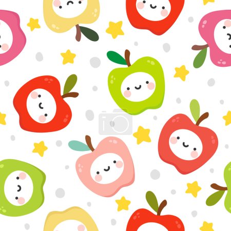 Ilustración de Lindos frutos de manzana kawaii se enfrenta patrón sin costuras, fondo de dibujos animados repetidos, ilustración vectorial - Imagen libre de derechos