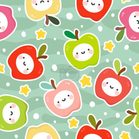 Téléchargez les illustrations : Mignon pomme fruits kawaii visages motif sans couture, fond de dessin animé répété, illustration vectorielle - en licence libre de droit