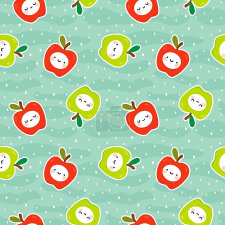 Illustration for Cute apple fruits kawaii faces seamless pattern, repeated cartoon background, vector illustration - Royalty Free Image