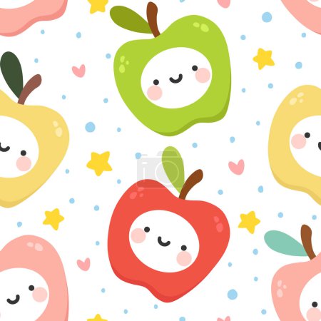 Illustration for Cute apple fruits kawaii faces seamless pattern, repeated cartoon background, vector illustration - Royalty Free Image