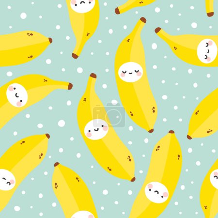 Téléchargez les illustrations : Mignon banane sourit motif sans couture, dessin animé fruits vecteur été illustration fond - en licence libre de droit