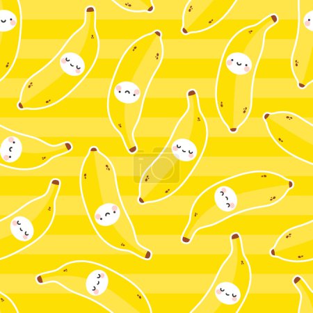 Téléchargez les illustrations : Mignon banane sourit motif sans couture, dessin animé fruits vecteur été illustration fond - en licence libre de droit