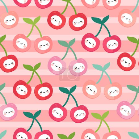 Illustration for Cherry fruit faces pattern, cartoon seamless background, vector illustration - Royalty Free Image