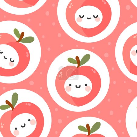 Illustration for Cute peach fruit faces seamless pattern, repeated cartoon background, vector illustration - Royalty Free Image