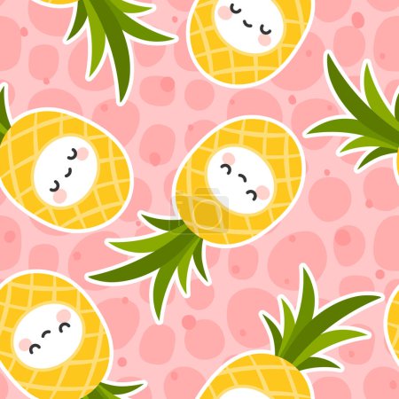 Illustration for Cute pineapple fruits kawaii faces seamless pattern, repeated cartoon background, vector illustrations - Royalty Free Image