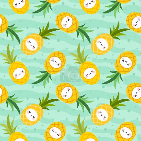 Téléchargez les illustrations : Mignon ananas fruits kawaii visages motif sans couture, fond de bande dessinée répétée, illustrations vectorielles - en licence libre de droit