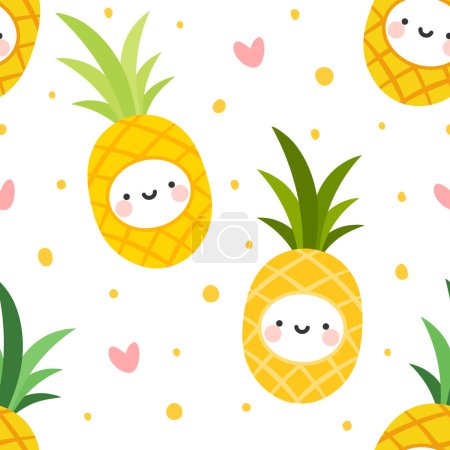 Téléchargez les illustrations : Mignon ananas fruits kawaii visages motif sans couture, fond de bande dessinée répétée, illustrations vectorielles - en licence libre de droit