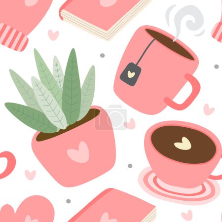 Illustration for Scandinavian Hygge concept design seamless pattern, Nordic winter elements, minimalism background, merry christmas pattern, time to hygge, lagom background. Books, tea cups, pot plant - Royalty Free Image