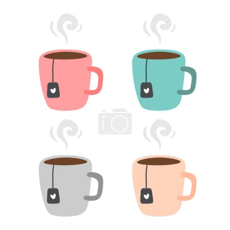 Téléchargez les illustrations : Tasses à thé, icônes ensemble de différentes couleurs, illustration vectorielle - en licence libre de droit