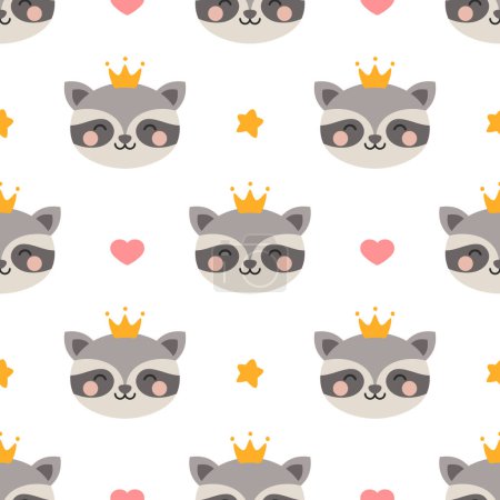 Illustration for Vector seamless pattern with cute raccoons in crowns and hearts - Royalty Free Image