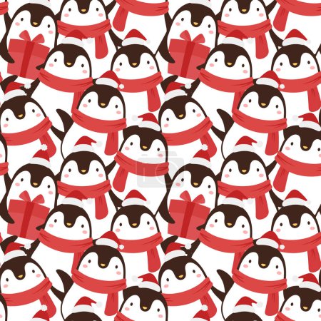 Téléchargez les illustrations : Motif sans couture avec pingouins de Noël, fond de vacances - en licence libre de droit