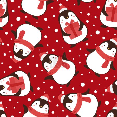 Illustration for Christmas seamless pattern with  penguins on red background - Royalty Free Image