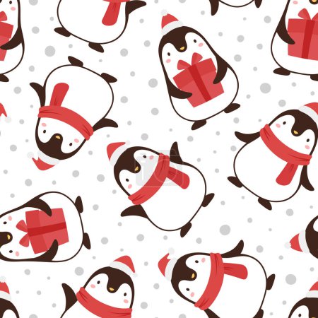 Téléchargez les illustrations : Motif sans couture de Noël avec des pingouins tenant des cadeaux sur fond neigeux - en licence libre de droit