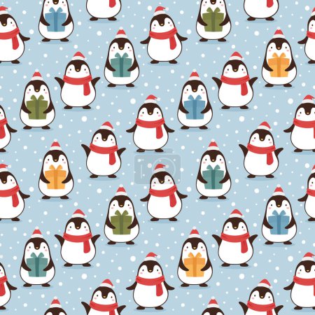 Téléchargez les illustrations : Modèle sans couture de Noël avec des pingouins - en licence libre de droit