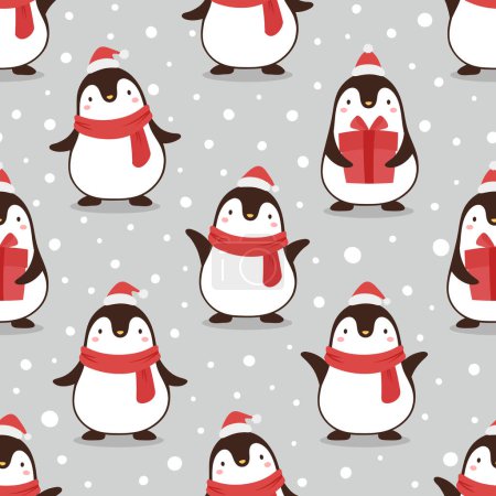 Téléchargez les illustrations : Motif sans couture de Noël avec des pingouins sur fond de neige - en licence libre de droit