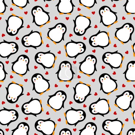 Téléchargez les illustrations : Motif sans couture avec des pingouins et des coeurs - en licence libre de droit